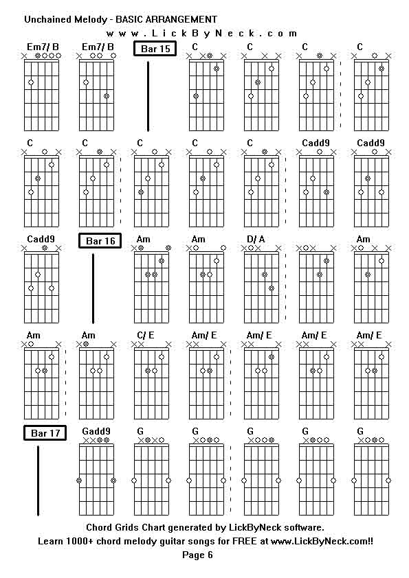 Chord Grids Chart of chord melody fingerstyle guitar song-Unchained Melody - BASIC ARRANGEMENT,generated by LickByNeck software.